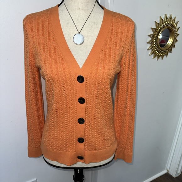 Talbots Petites Small Orange Ribbed Knit Cardigan Sweater Button Front - Picture 3 of 13